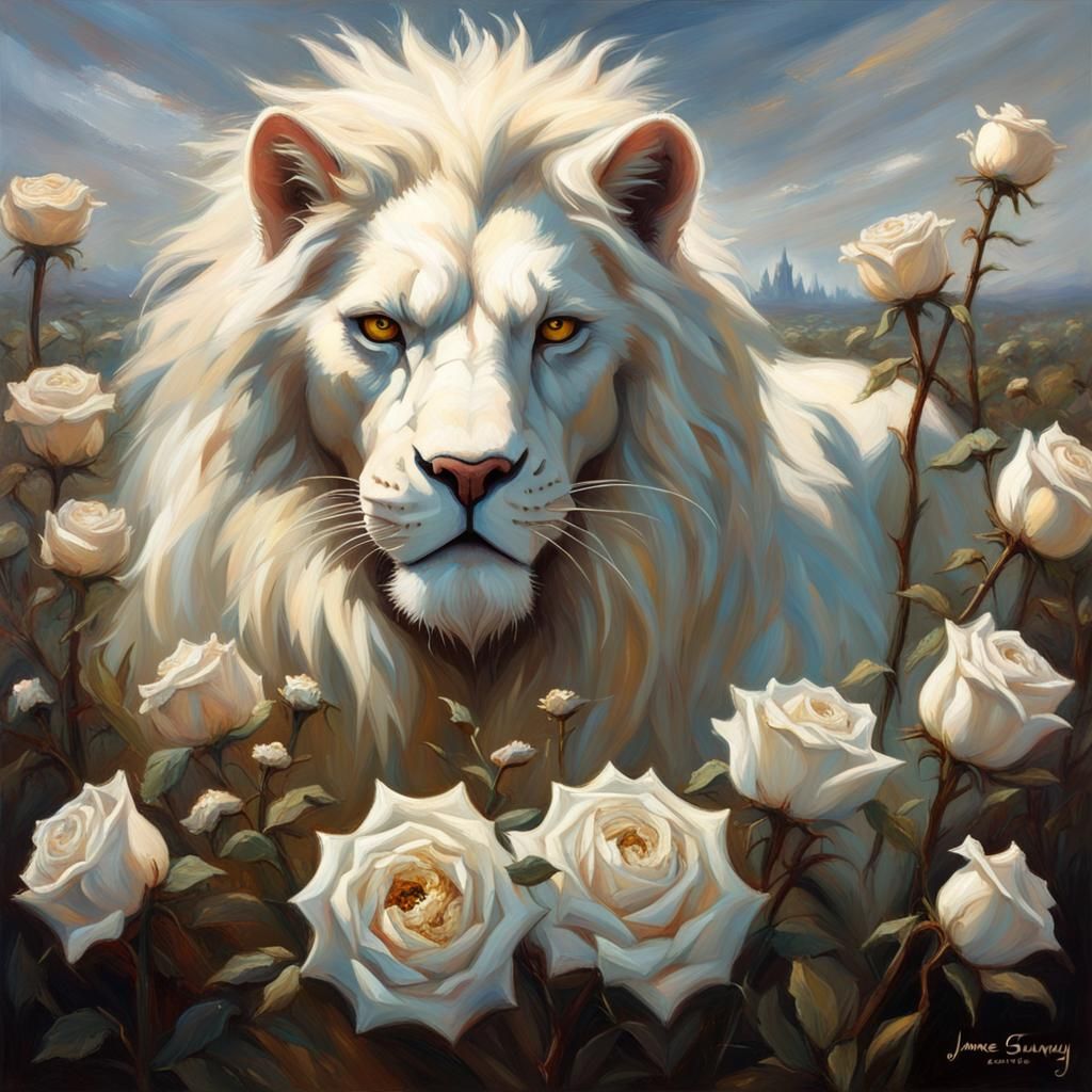 Unholy White Lion in Field of Roses, Gothic Style