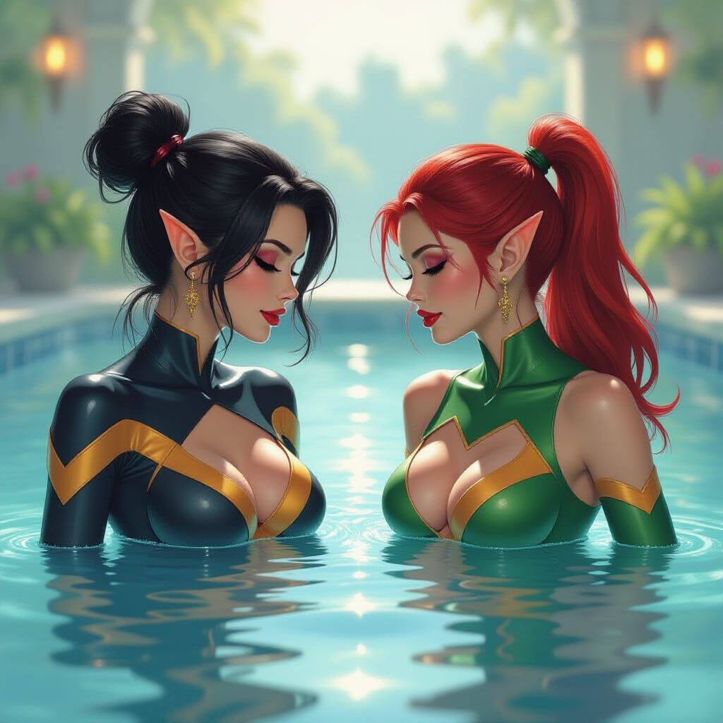 Elven Women in X-Men Costumes: Fantasy Oil Painting