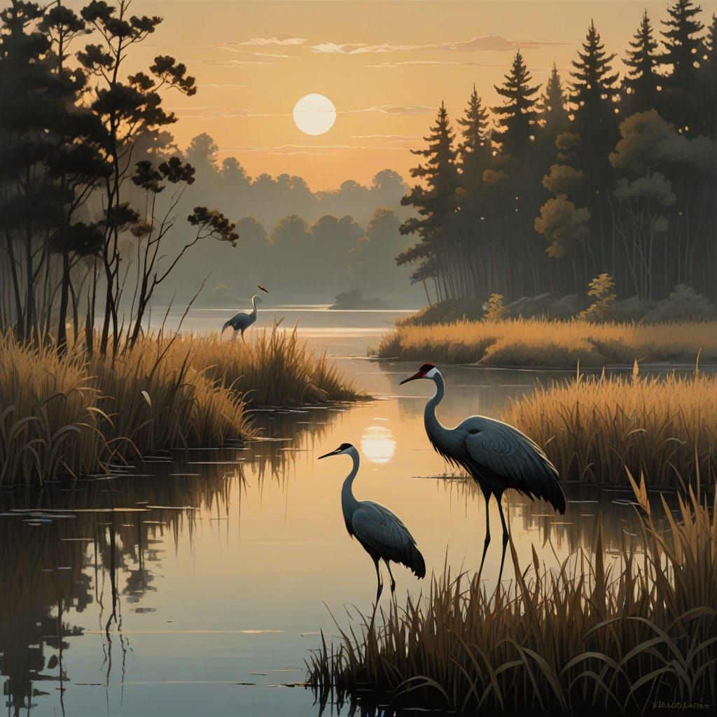 Cranes in Mysterious Evening Light, Whimsical Folk Art Style