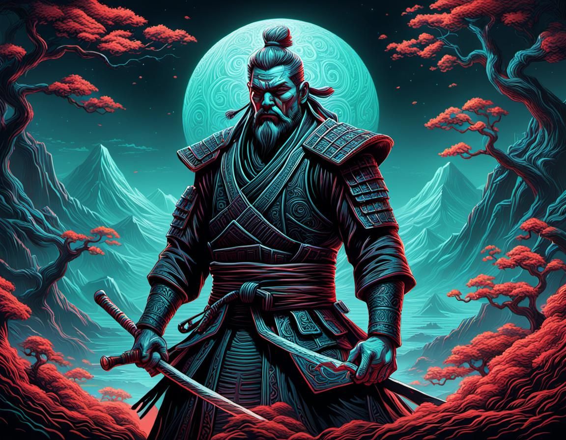 Luminous Samurai Yarn Model in Cryptidcore Style