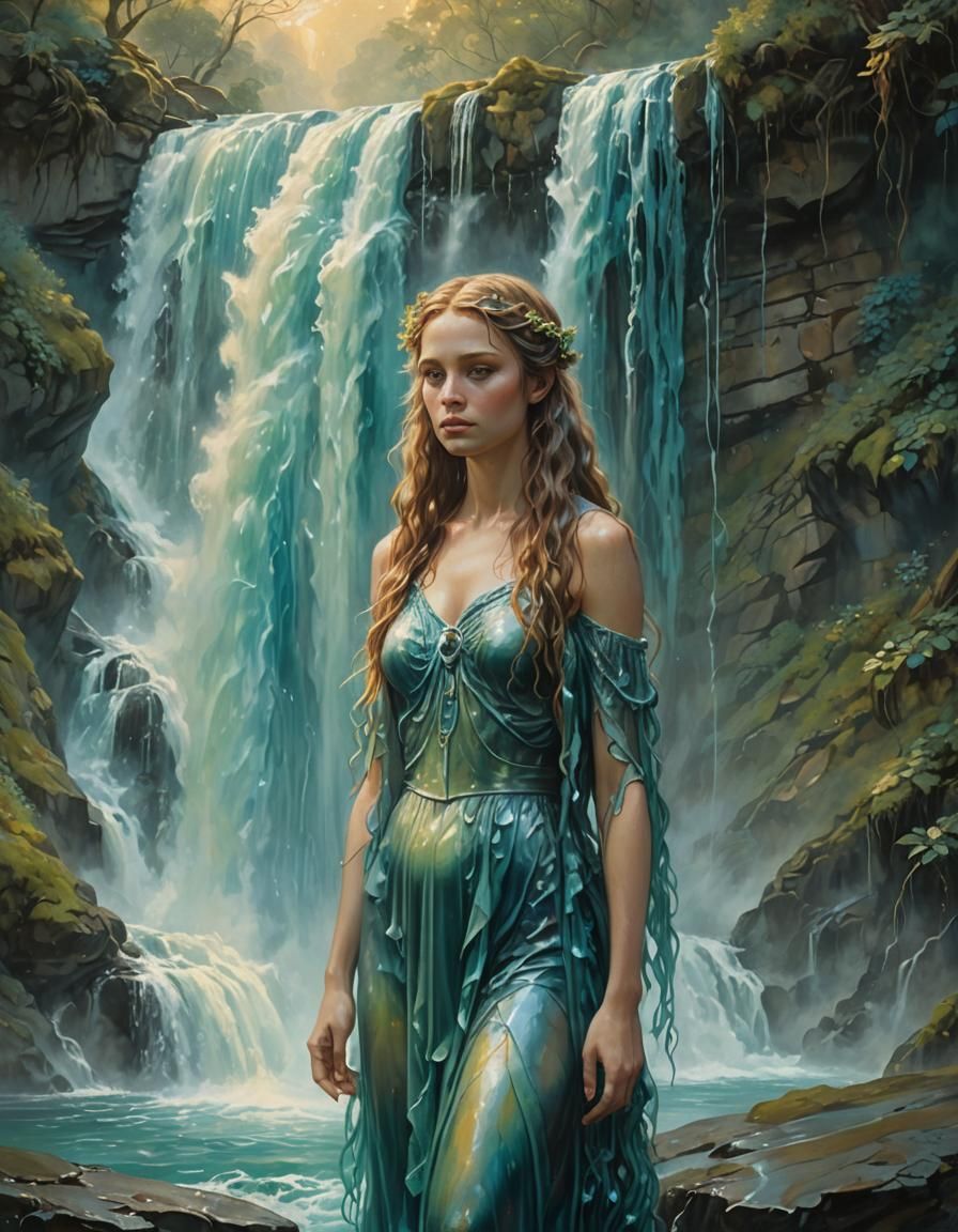 Naiads by Mystical Waterfall: Surreal Oil Painting