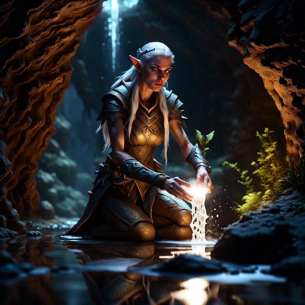 Wood Elf Cleric in Dark Cave, Dynamic Lighting
