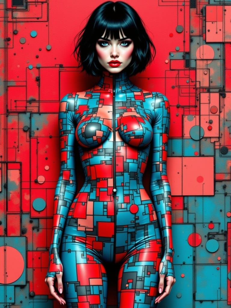 Cyberpunk Woman Merges With Geometric Wall Art