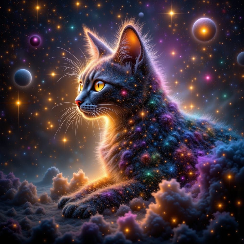 Cosmic Cat Made of Stars and Nebulae in Cinematic Light