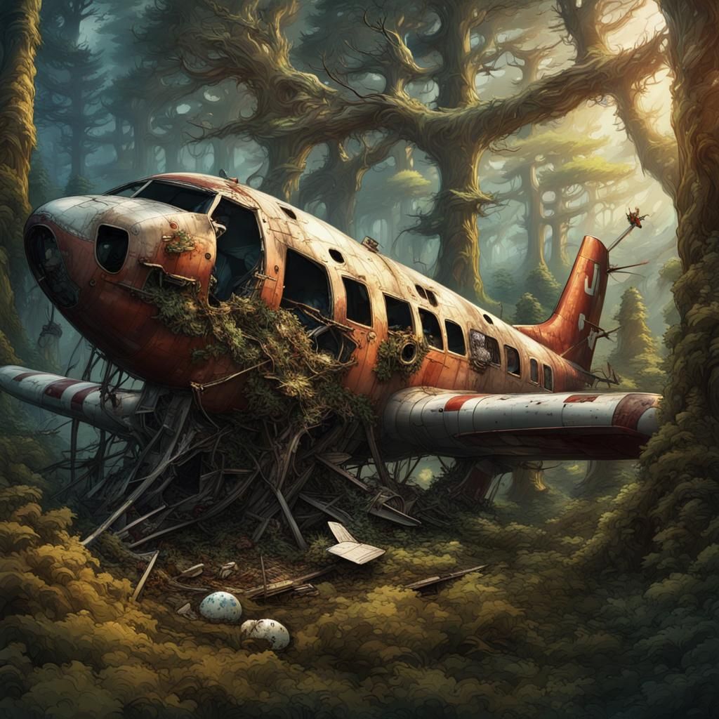 Crashed Plane Reclaimed by Forest, Detailed Matte Painting