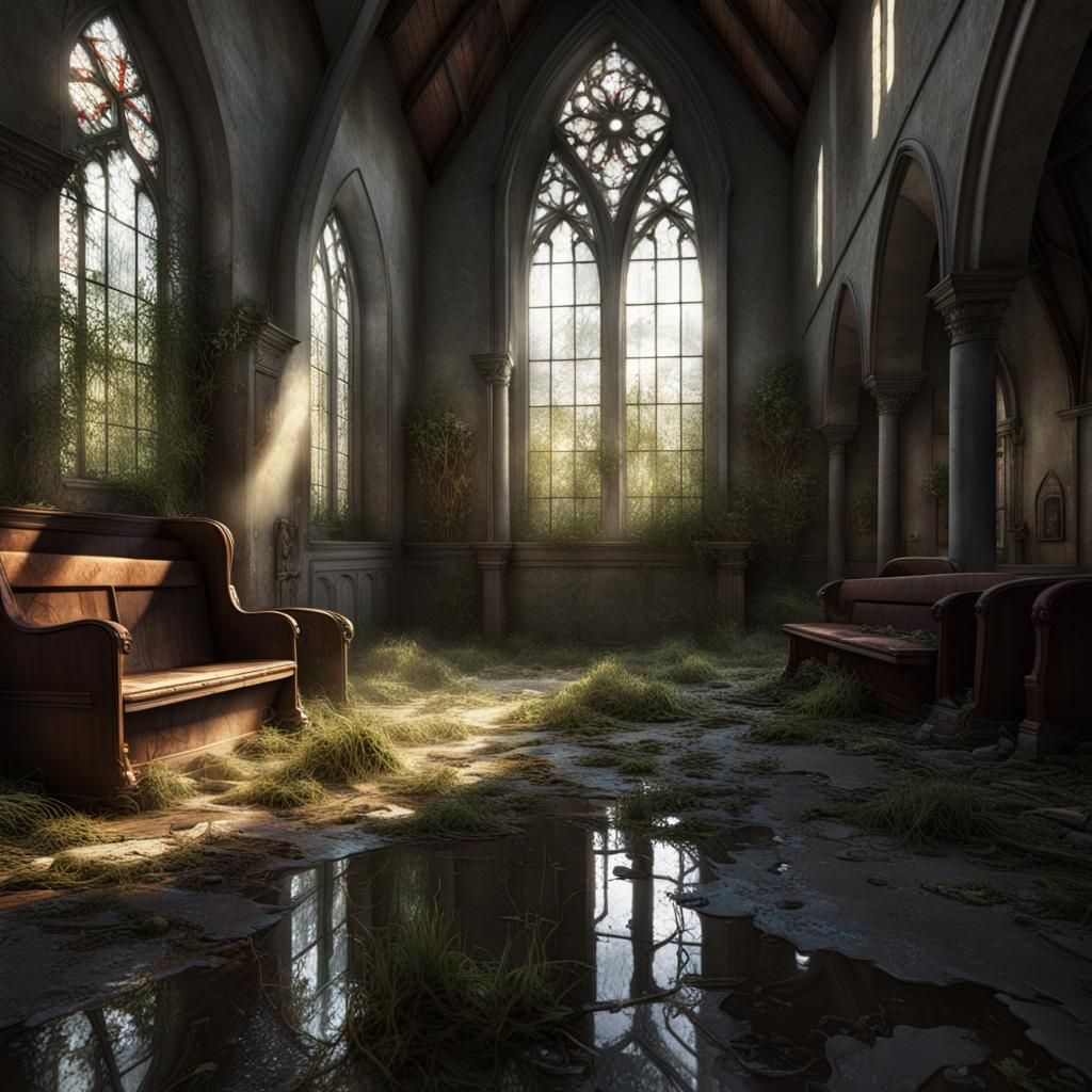 Abandoned Church Interior with Godrays: Photorealistic 32k
