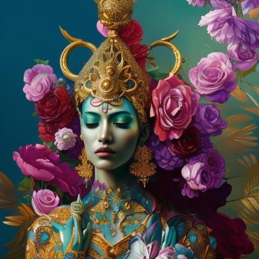 Flowerpunk Masked Statue in Maximalist Digital Art