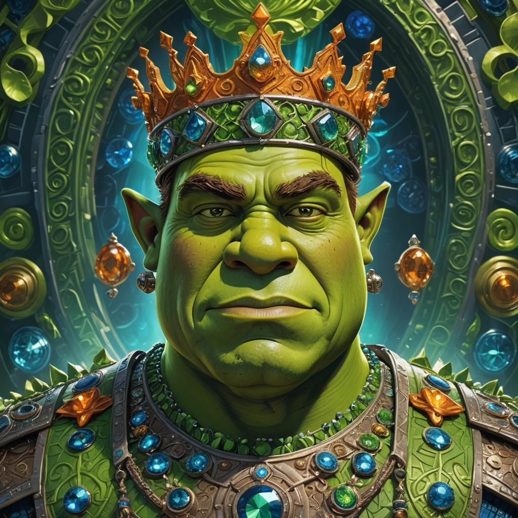 Intricate Digital Portrait of Shrek with Futuristic Jewelry