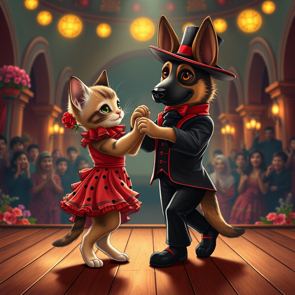Flamenco Kitten and German Shepherd Illustration