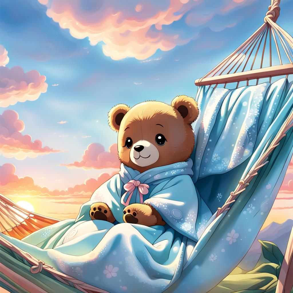 Chibi Teddy Bear in Hammock: Anime Illustration