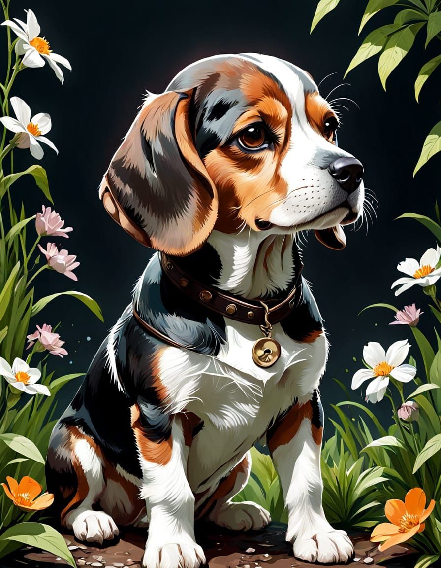 Adorable Baby Beagle in Vibrant Floral Spring Attire, Digita...