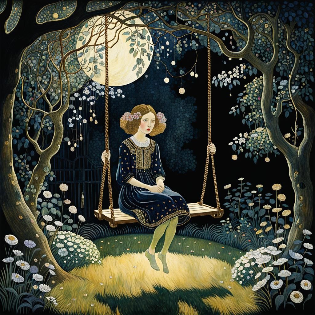 Girl on Swing in Garden, Art Nouveau Style