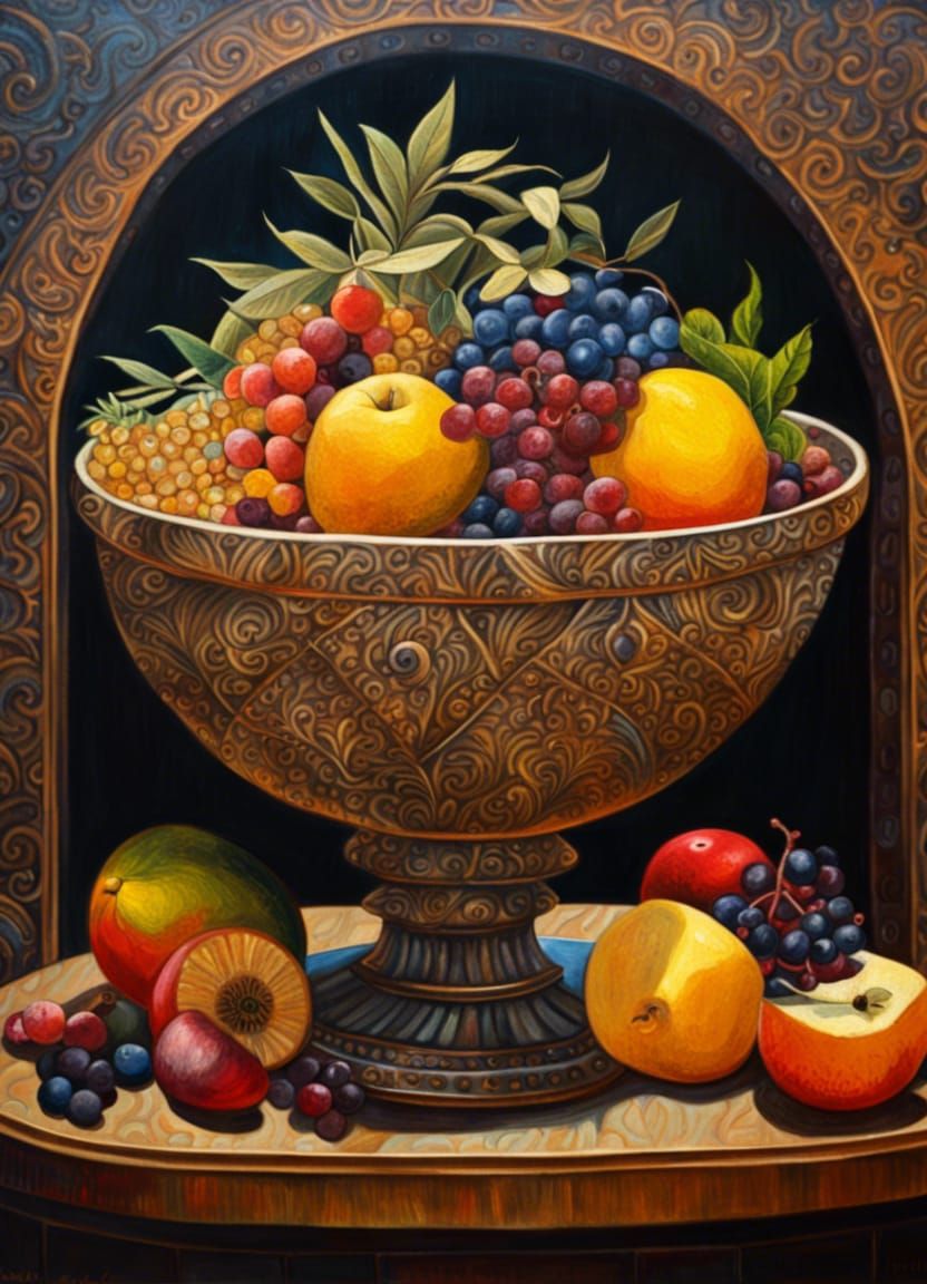 Celestial Fruit Bowl Still Life in Oil and Acrylic