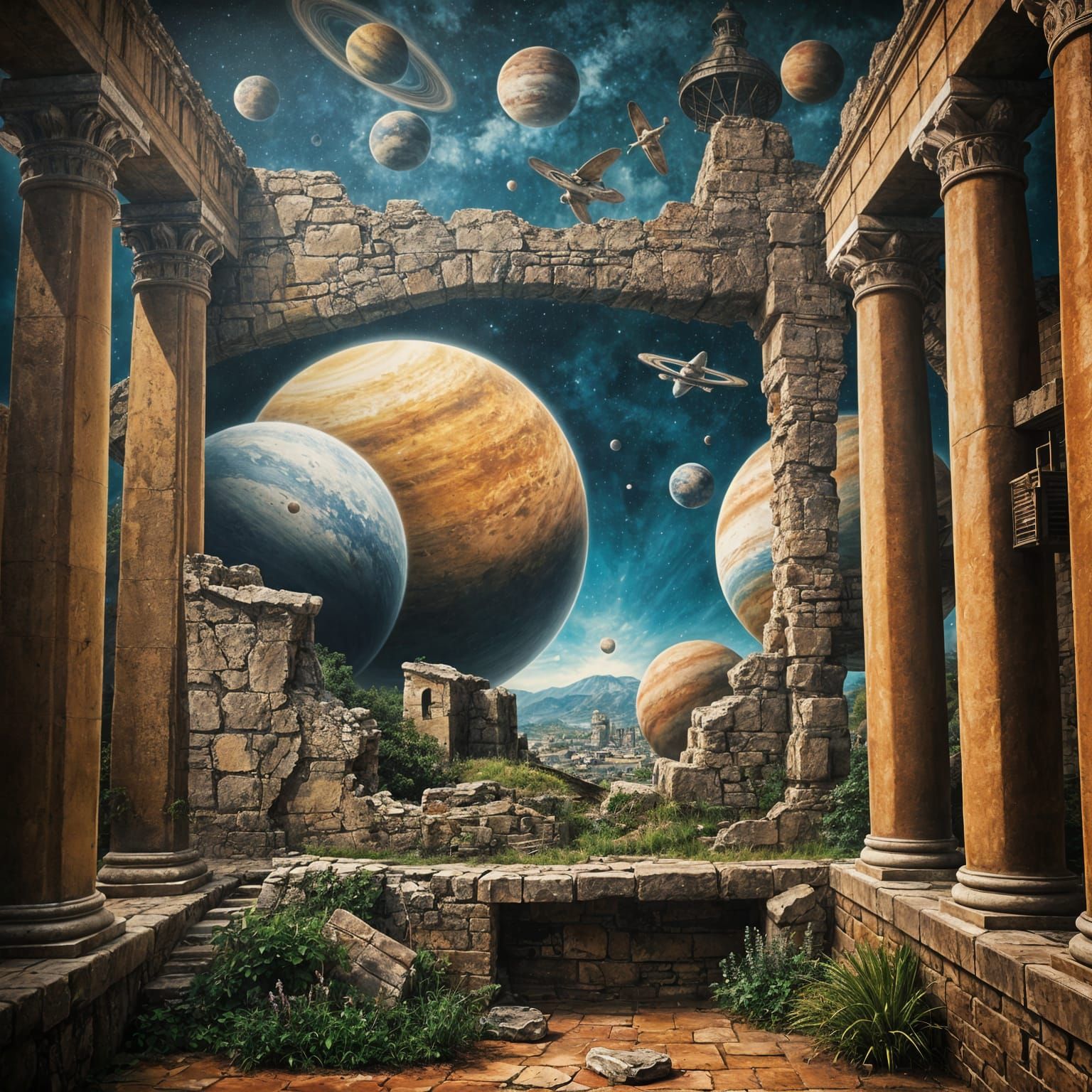 Planets Mural on Ruins Wall in Hyperrealistic Style