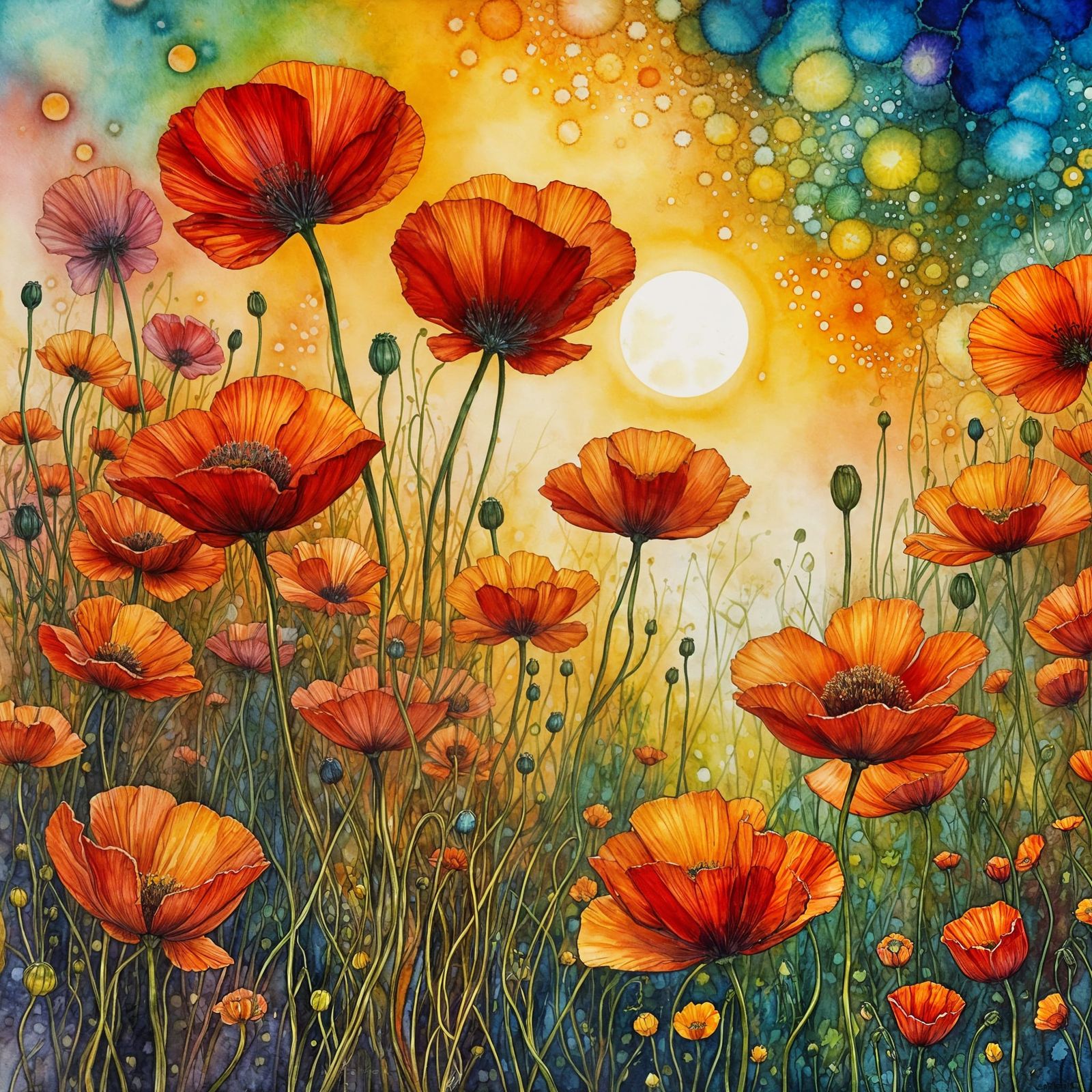Orange Poppies Field at Sunset in Watercolor Ink