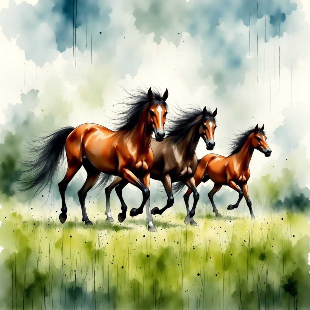 Galloping Horses in Dreamy Watercolor Style
