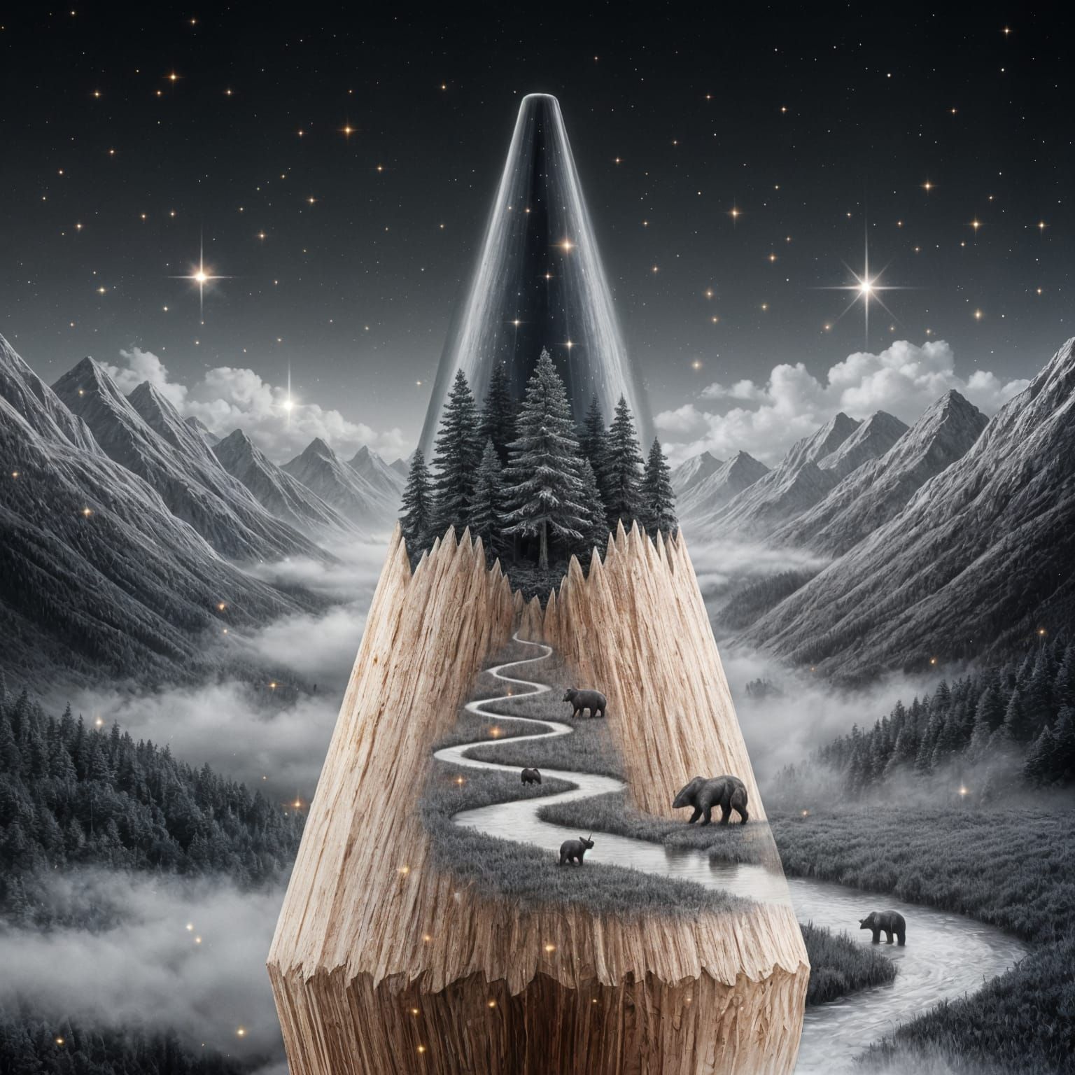 Pencil Tip Forest Landscape in Surreal Dreamscape
