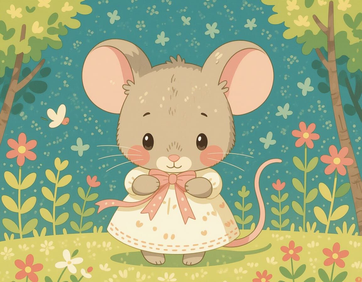 Blushing Mouse Girl with Ribbon in Miyazaki Style