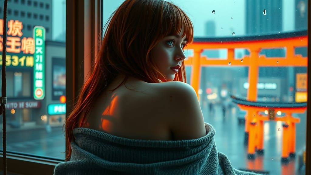 Redhead Woman in Cyberpunk Window with Neon Torii