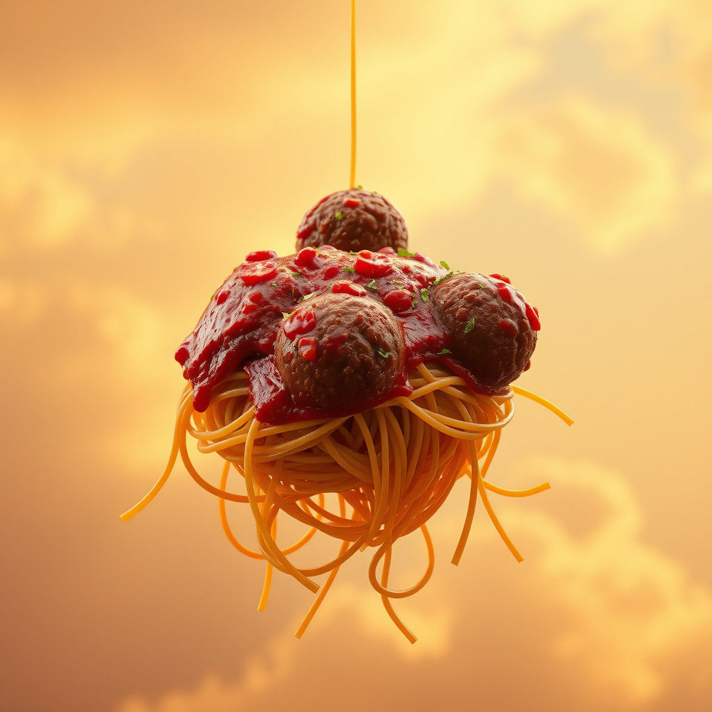 Floating Spaghetti and Meatballs in Dreamlike Digital Art