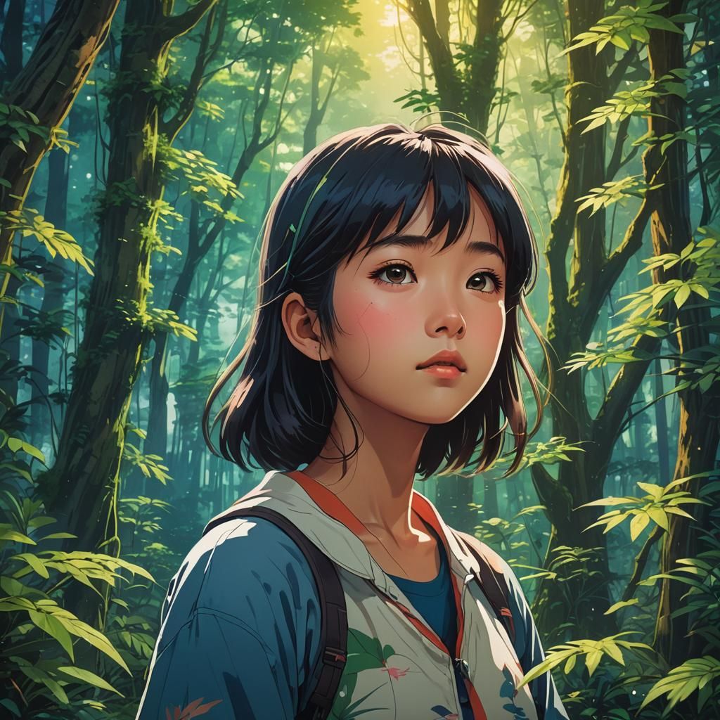 Blissful Asian Girl in Mystical Forest: Anime Portrait