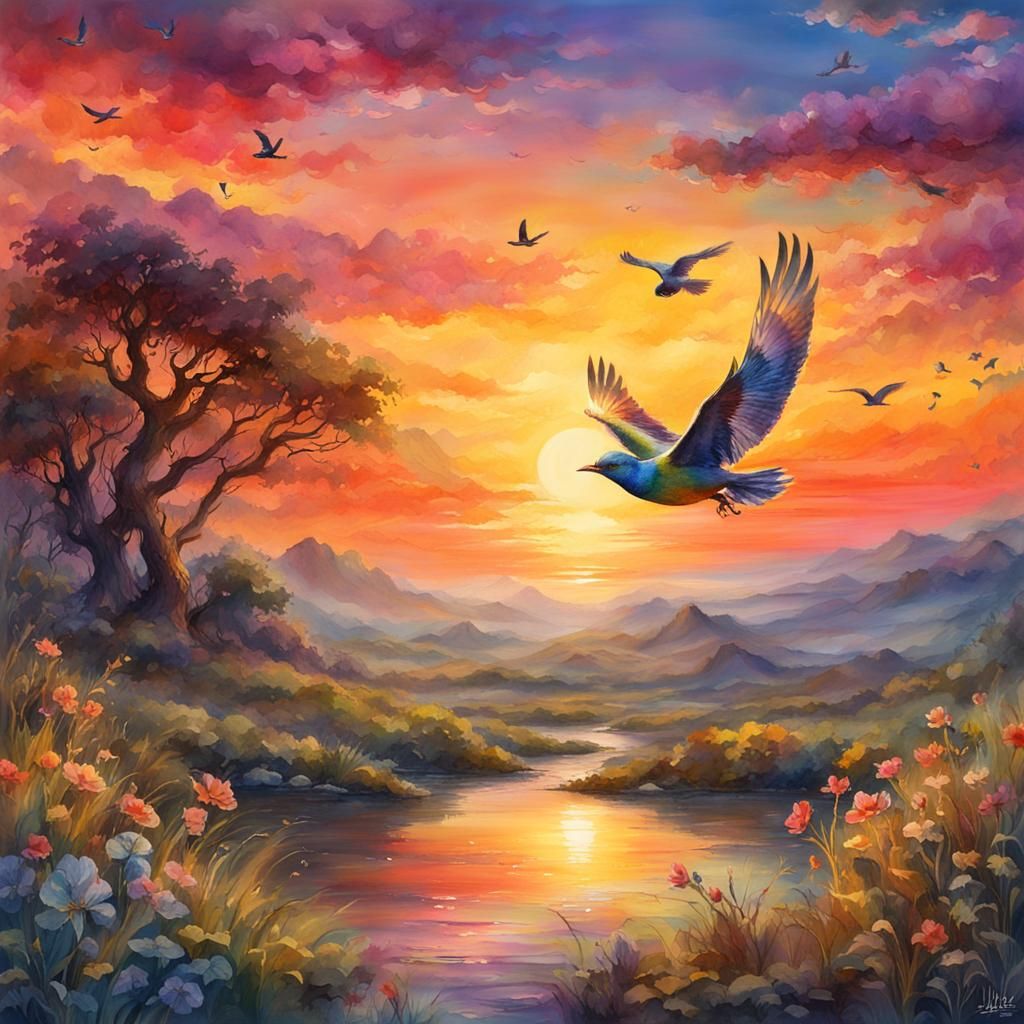 Summer Sunset Landscape in Watercolor Style