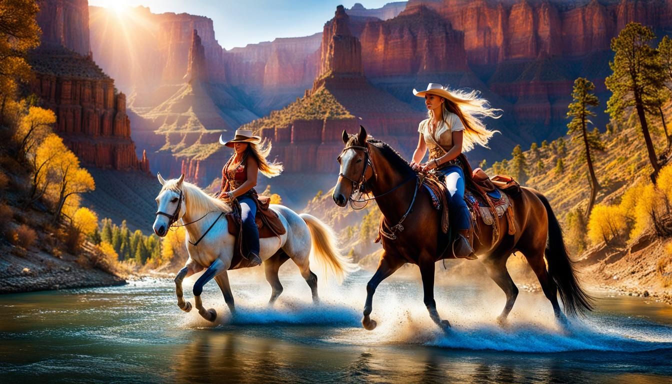 Cowgirls Cross Grand Canyon in Psychedelic Art Style