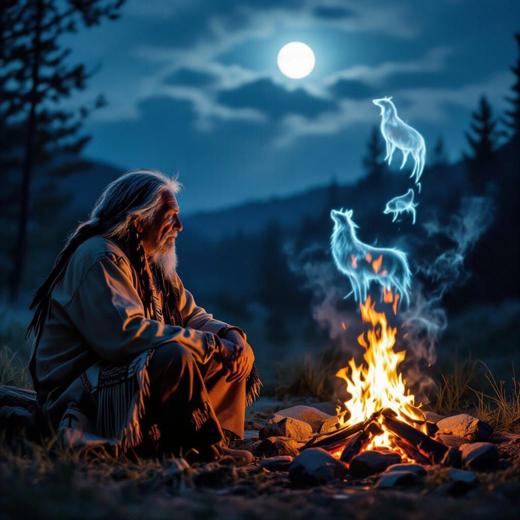 Native American Elder Sees Spirit Animals in Campfire Flames