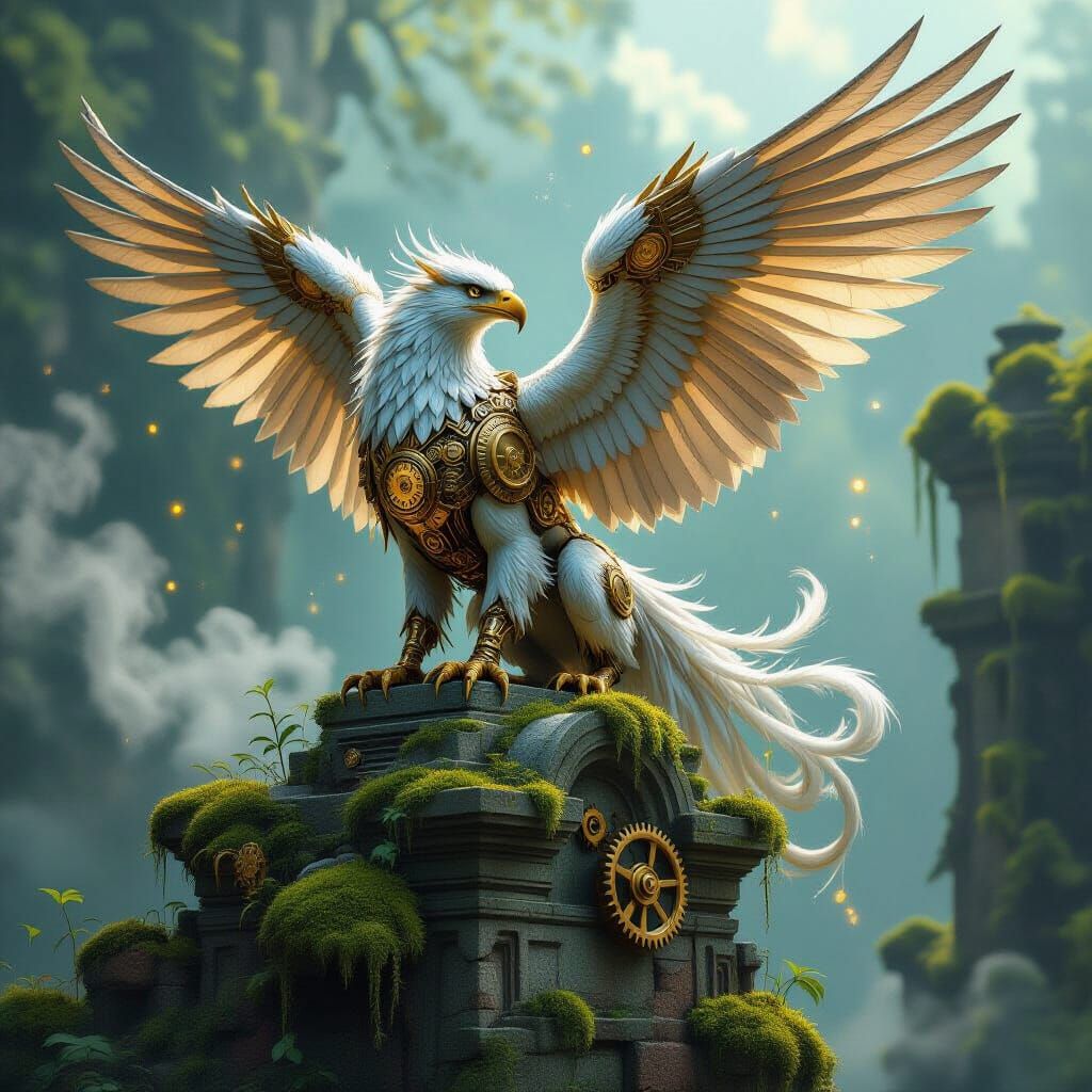 Clockwork Griffin on Ancient Ruins with Bioluminescent Flora