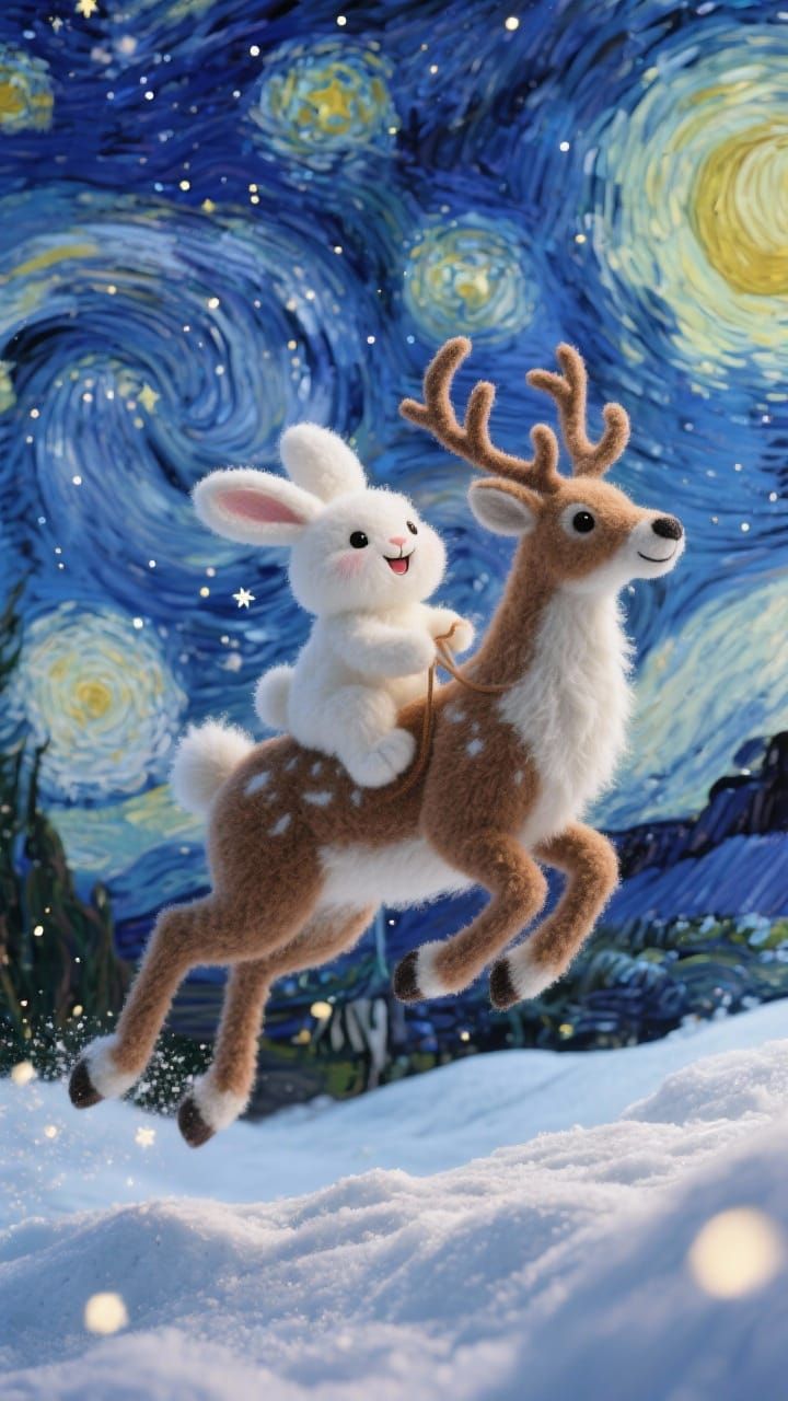 Cute Felt Bunny Rides Reindeer Through Snowy Starry Night