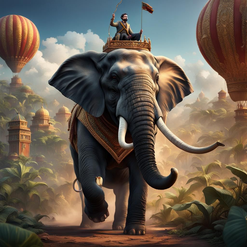 Elephant and Mustached Rider in Detailed Fantasy Art