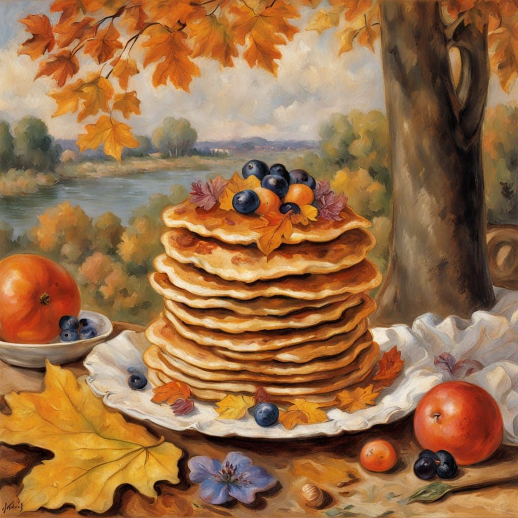 Autumn Leaf Pancakes with Honey: Whimsical Impressionist Art
