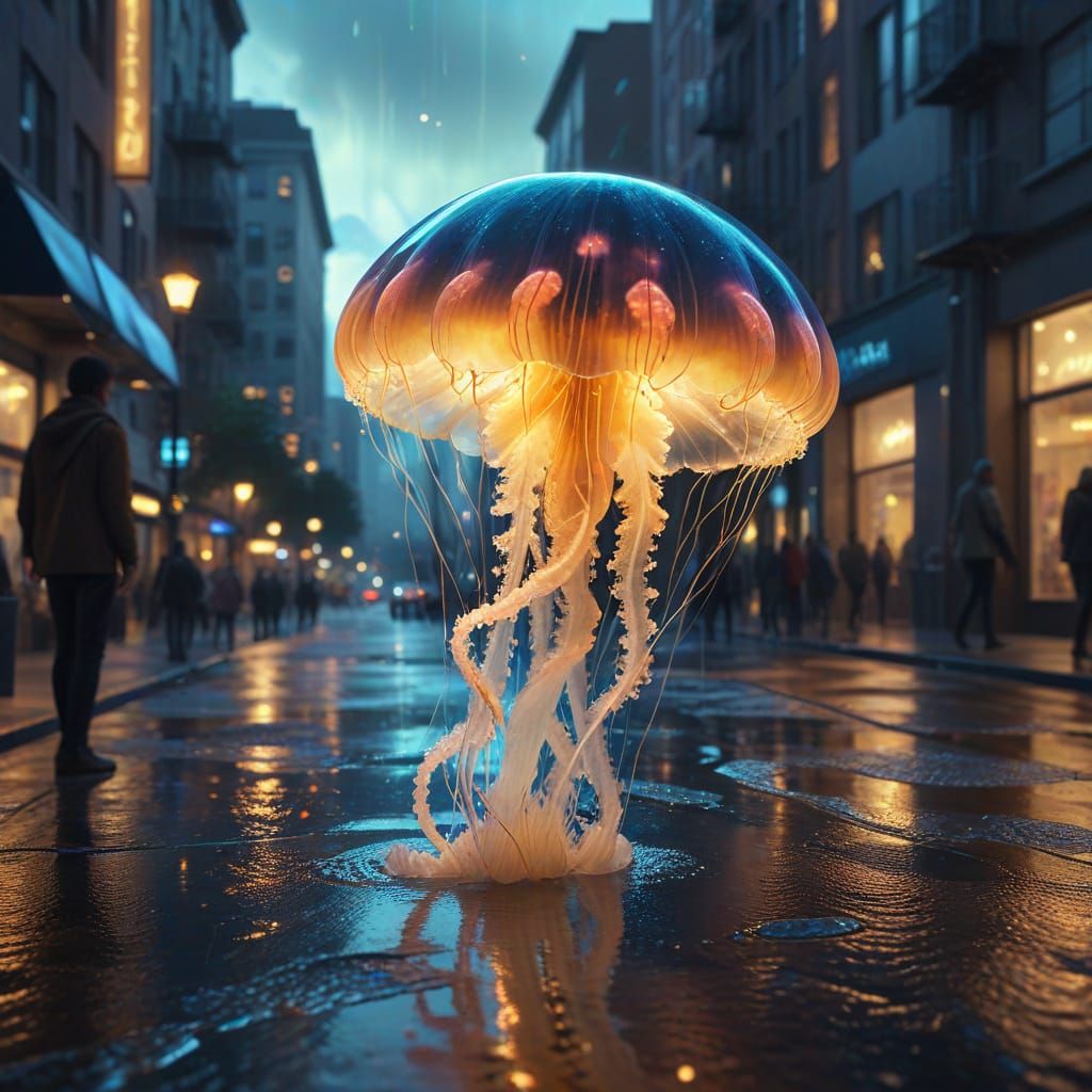 Bioluminescent Jellyfish Over City Street in Golden Hour