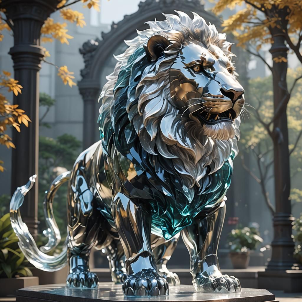 Detailed Glass Lion Statue in 3D Anime Art
