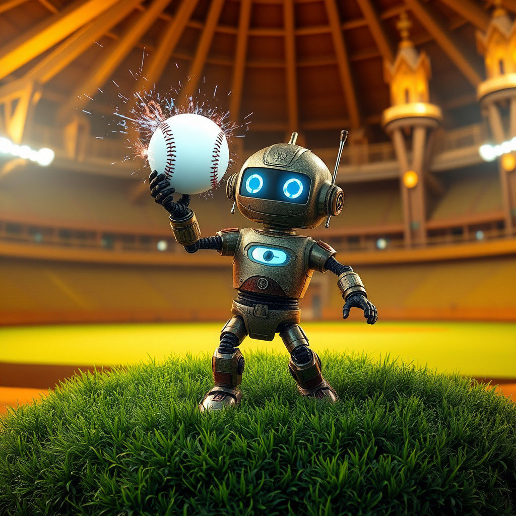 Robot Pitches Baseball in Stadium with Fantasy Architecture
