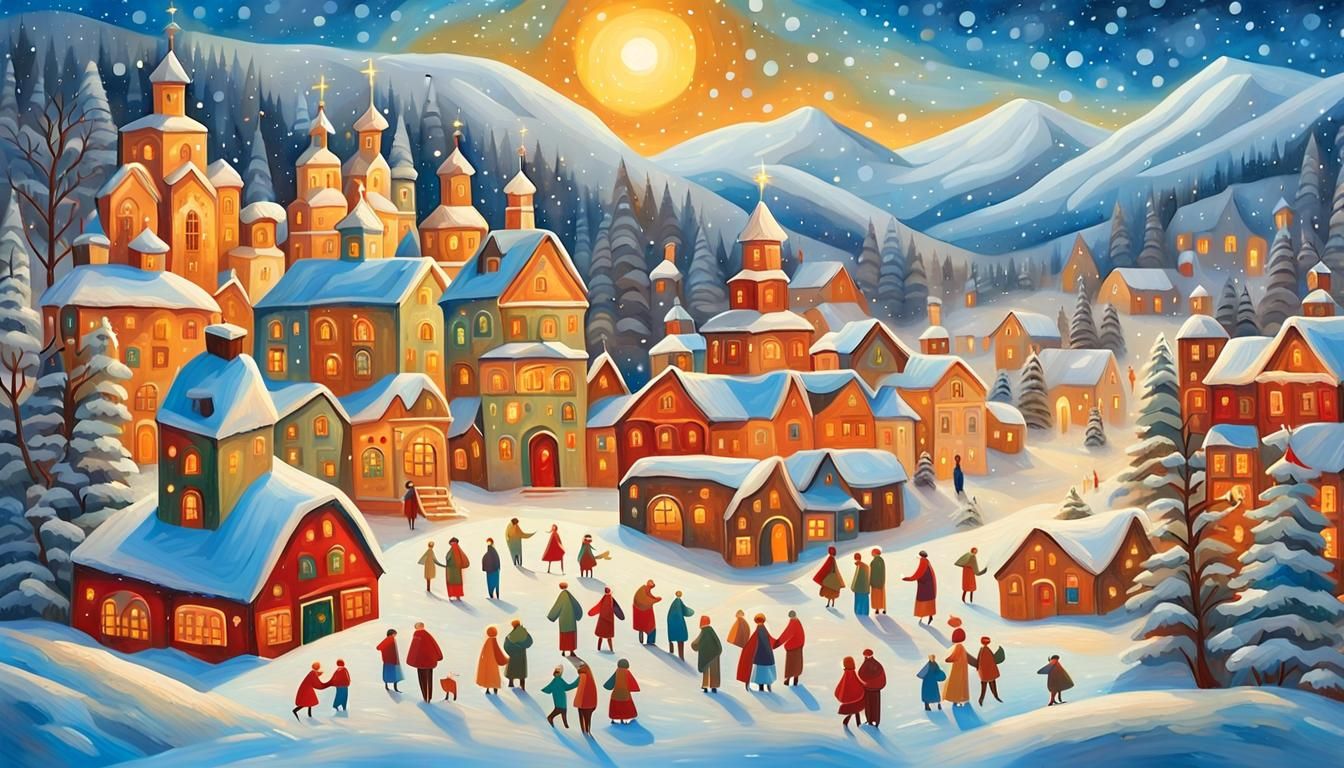 Christmas Village in Snowy Mountains as Folk Art