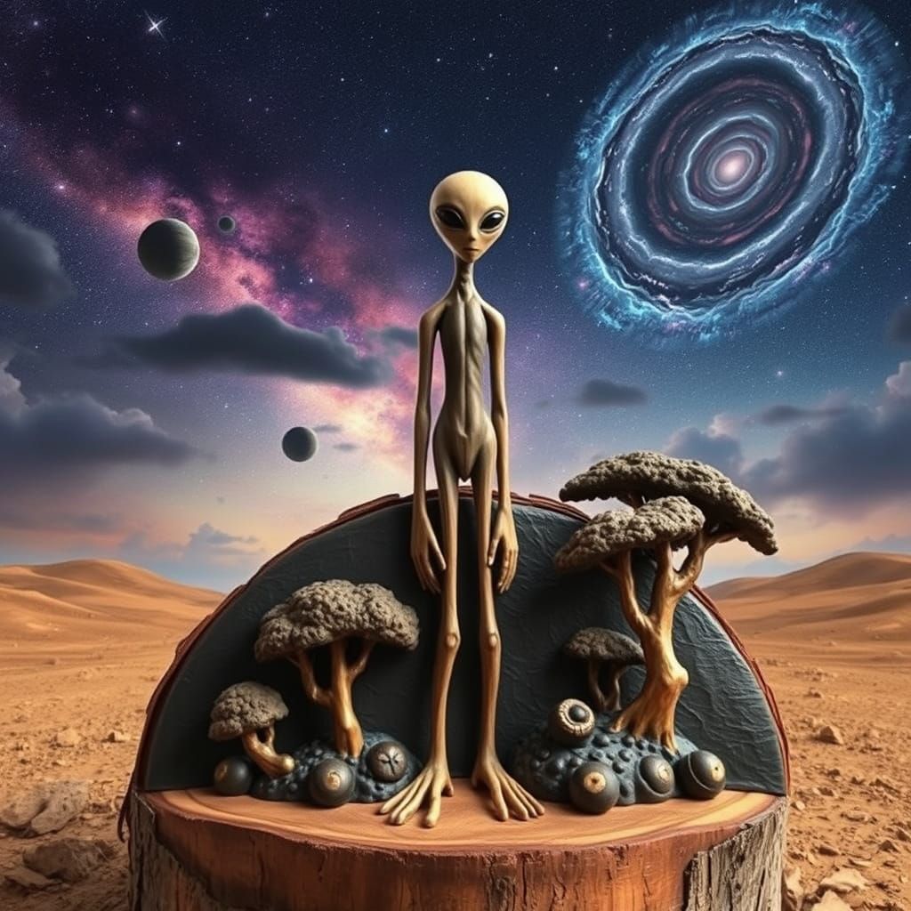 Alien Sculpture Carved from Log on Strange Planet