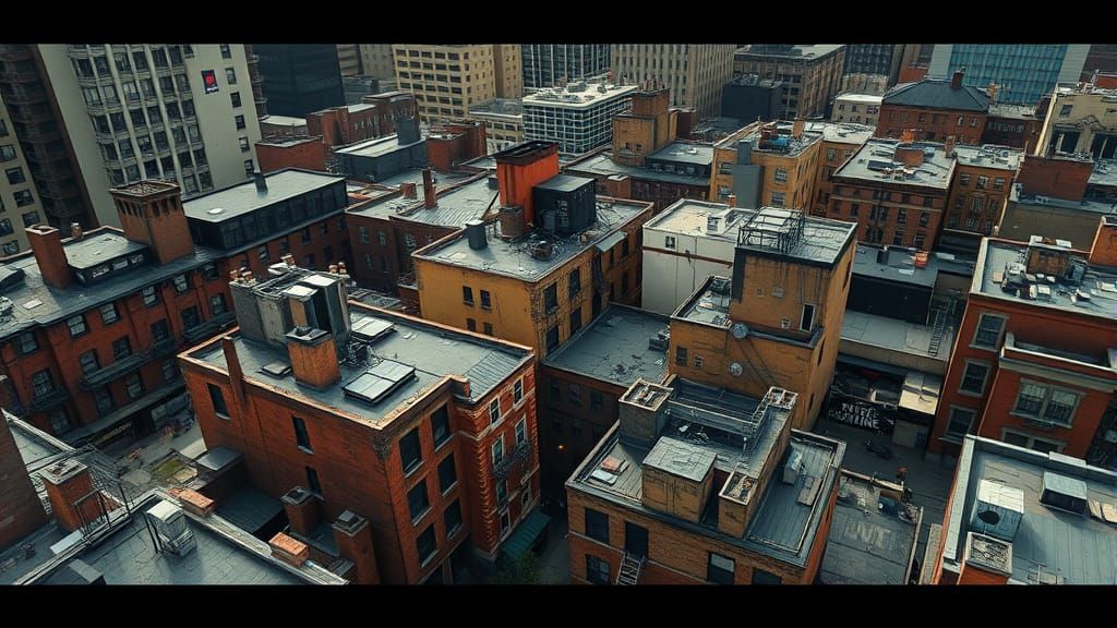 Urban Gritty Rooftop Scene in NYC, in the Style of El Lissit...