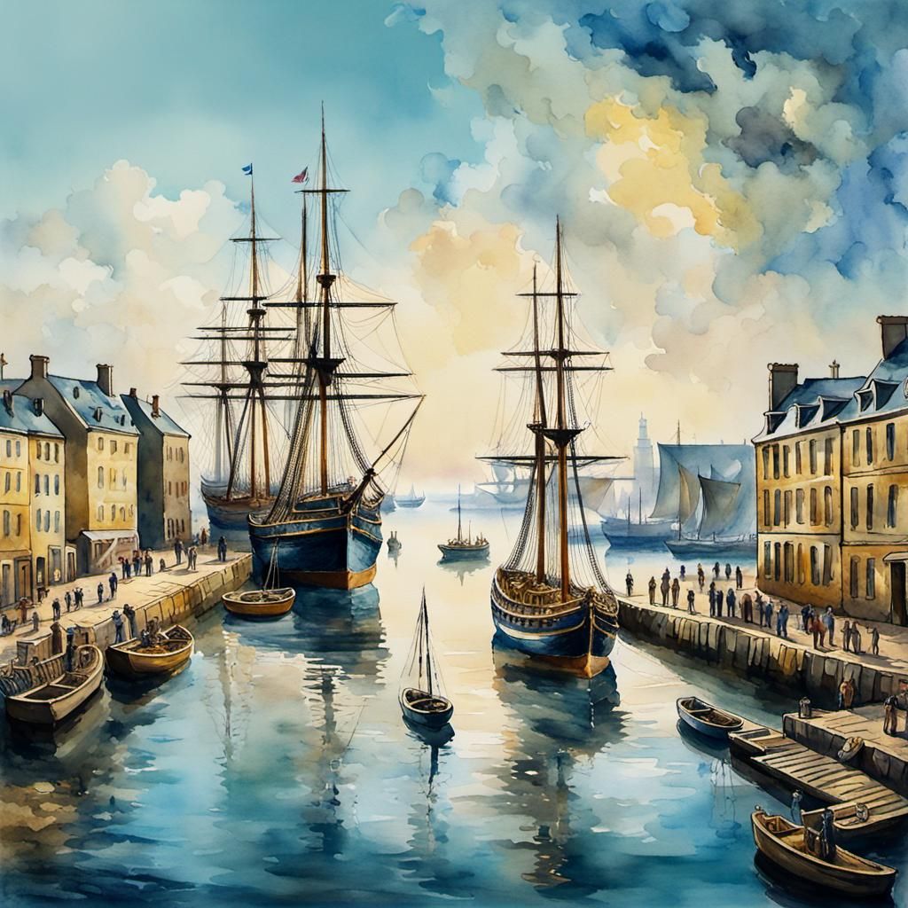 Bustling 1800s Seaport Harbor in Watercolor Style