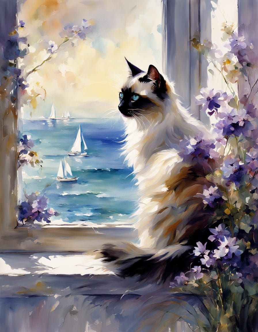 Siamese Cat on Windowsill with Ocean View