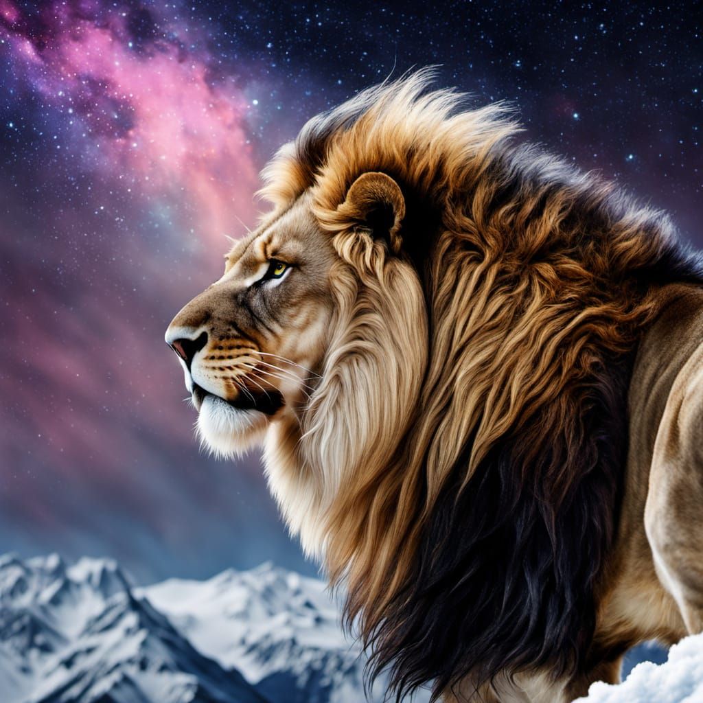 Stardust Lion on Snowy Peak in Art Nouveau