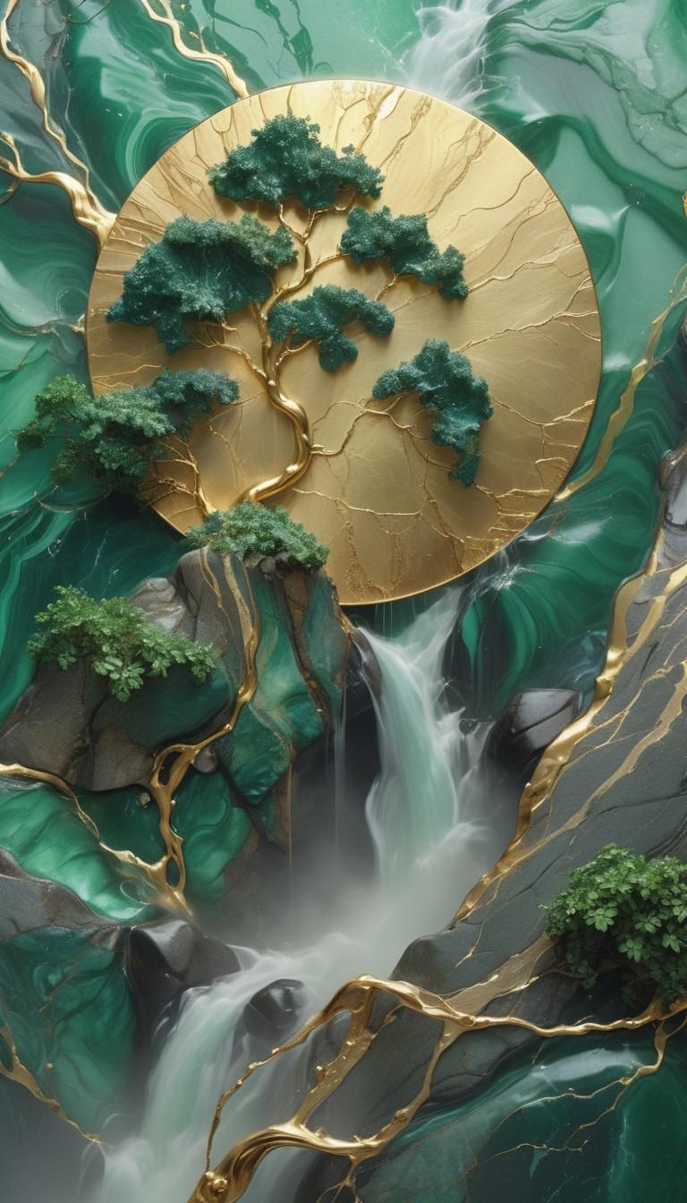 Yosemite Kintsugi Falls, combines gold, malachite, jade and ...