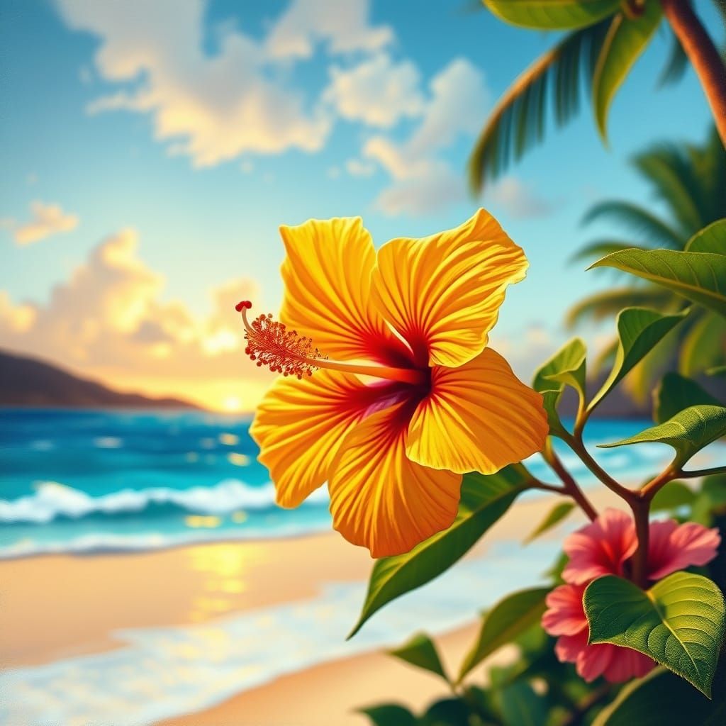 Vibrant Hibiscus Blooms Amidst Tropical Paradise