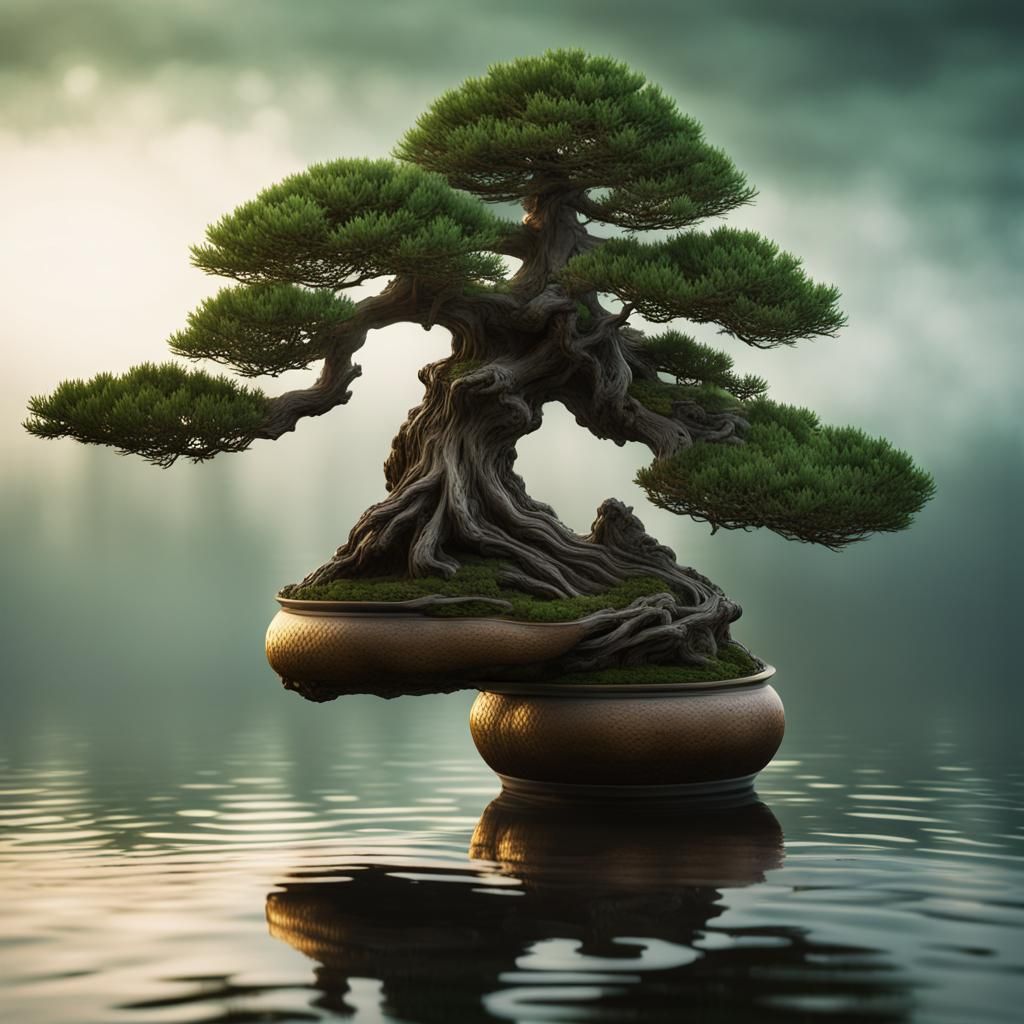 Bonsai Cedar on Emerald Stone in Golden Hour