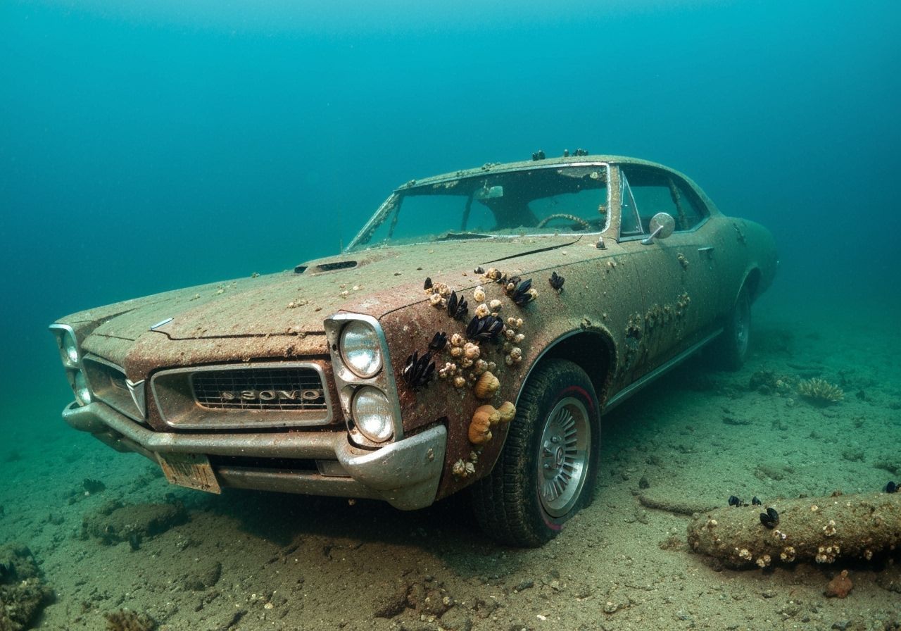 Sunken 1966 Pontiac GTO Underwater, Adorned with Marine Life