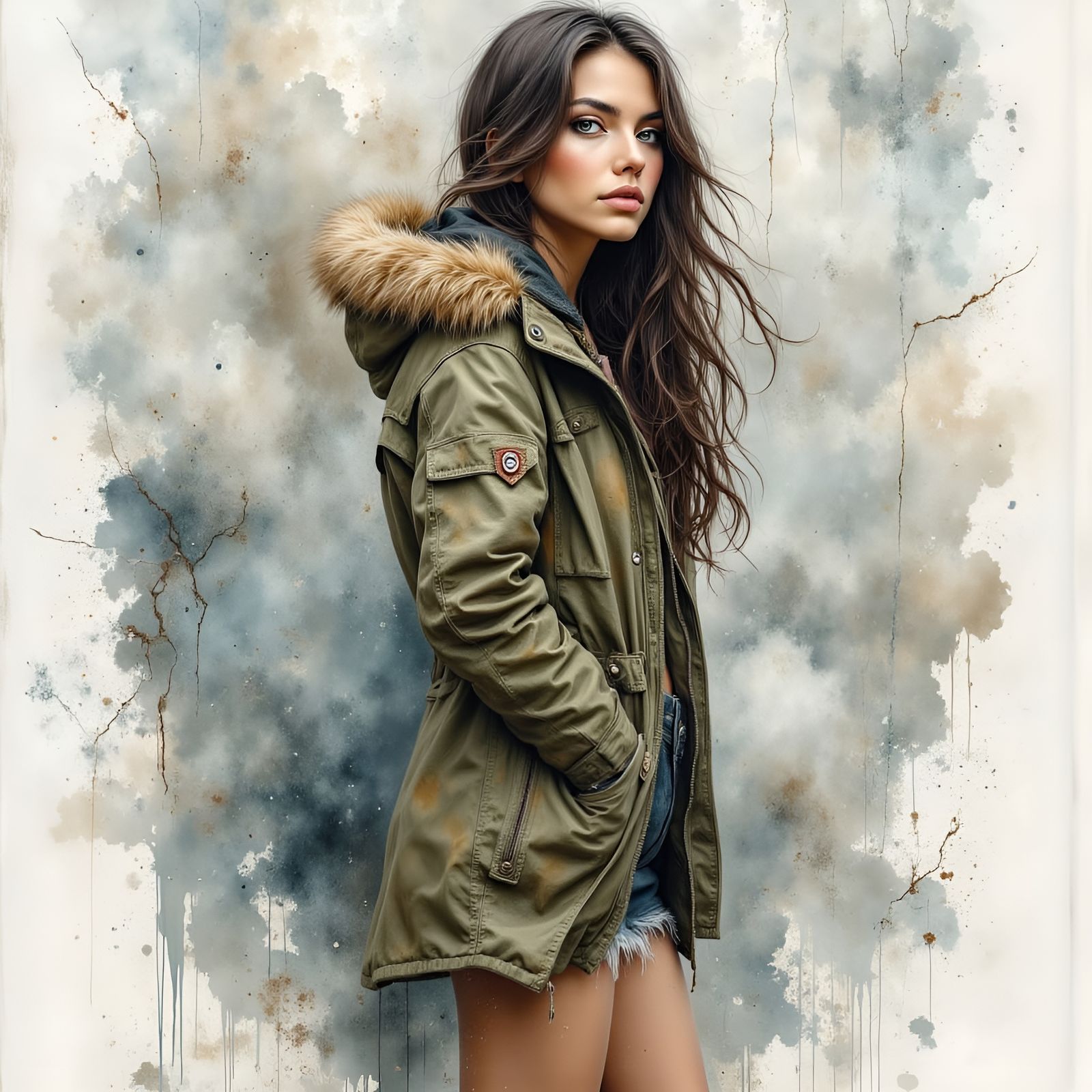 Artistic Portrait of Woman in Parka, Watercolor Ink Wash Bac...