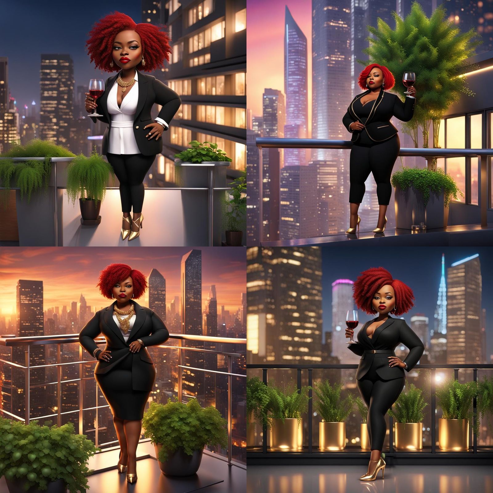 Hyperrealistic Chibi of Woman Overlooking Futuristic City