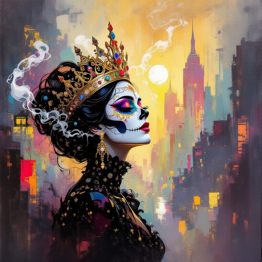 Ethereal Catrina in Abstract Expressionist Cityscape