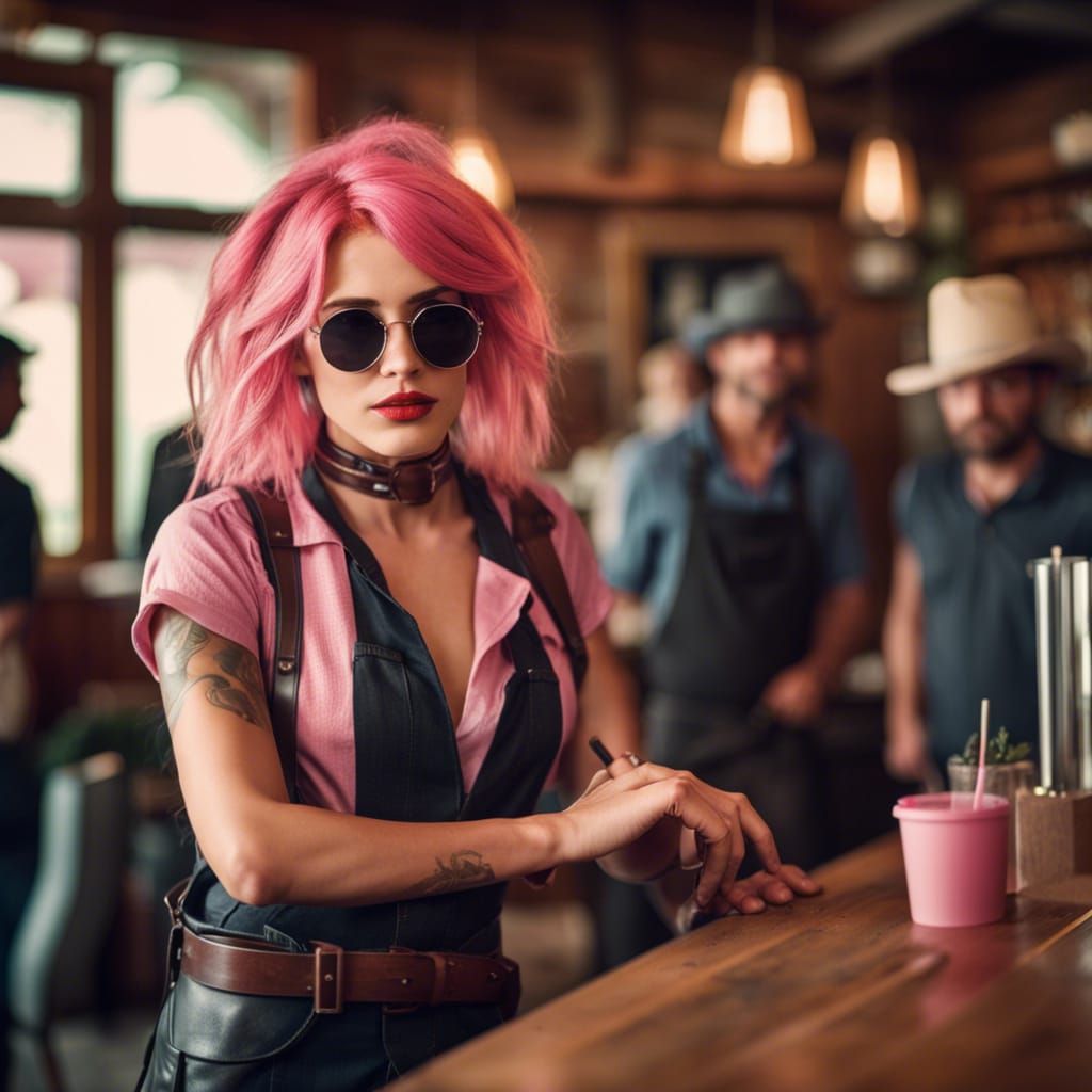 Pink-Haired Girl Enters Country Restaurant