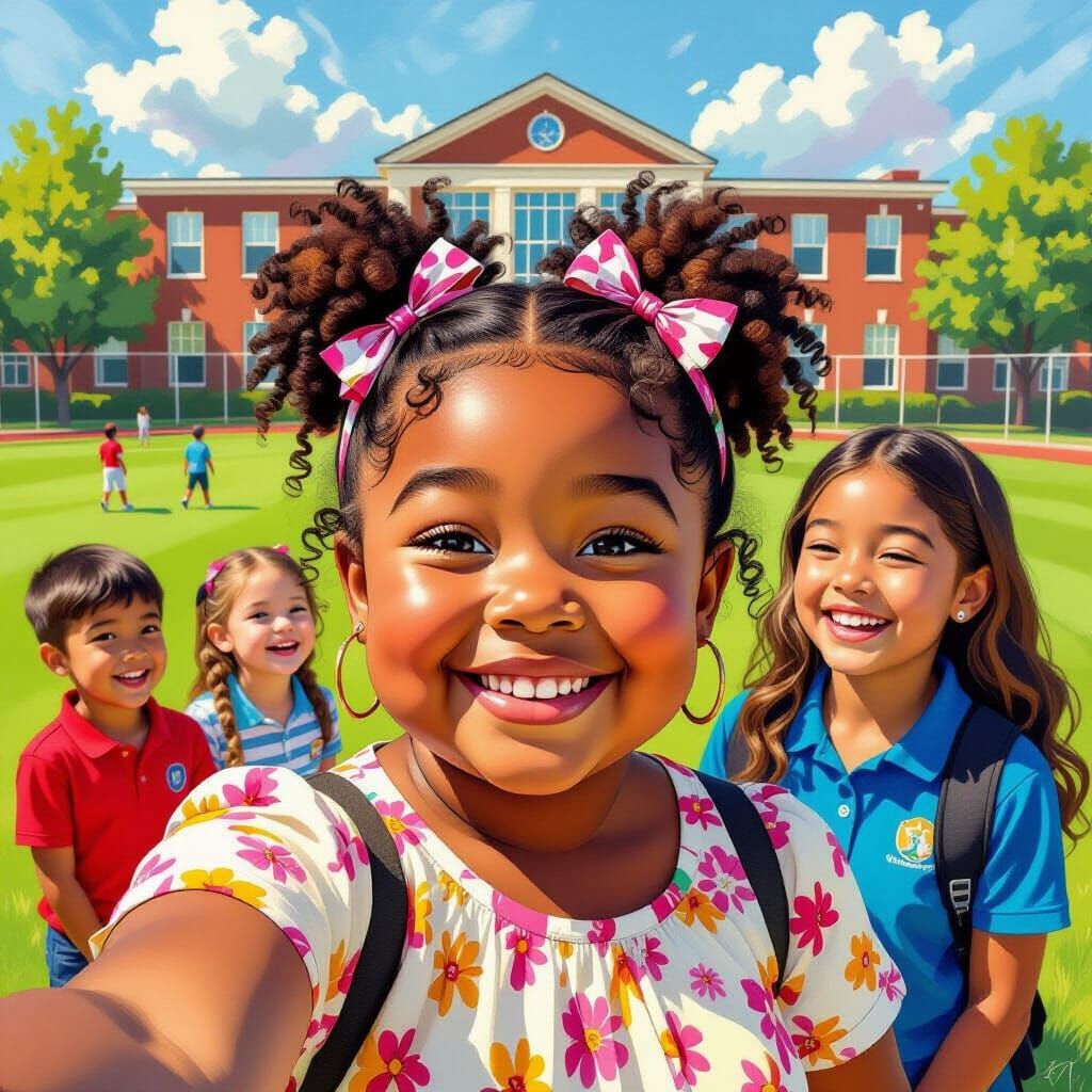 Joyful Black Girl's School Selfie with Friends and Teacher